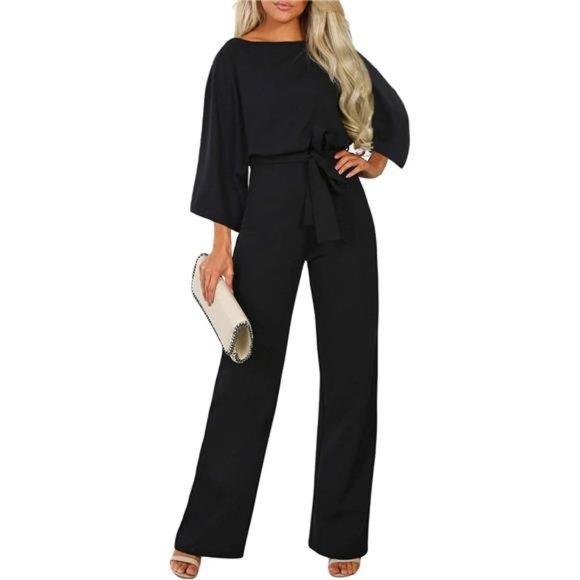 Loose Short Sleeve Belted Wide Leg Pant Romper Jumpsuits For Women, Black - Picture 1 of 7